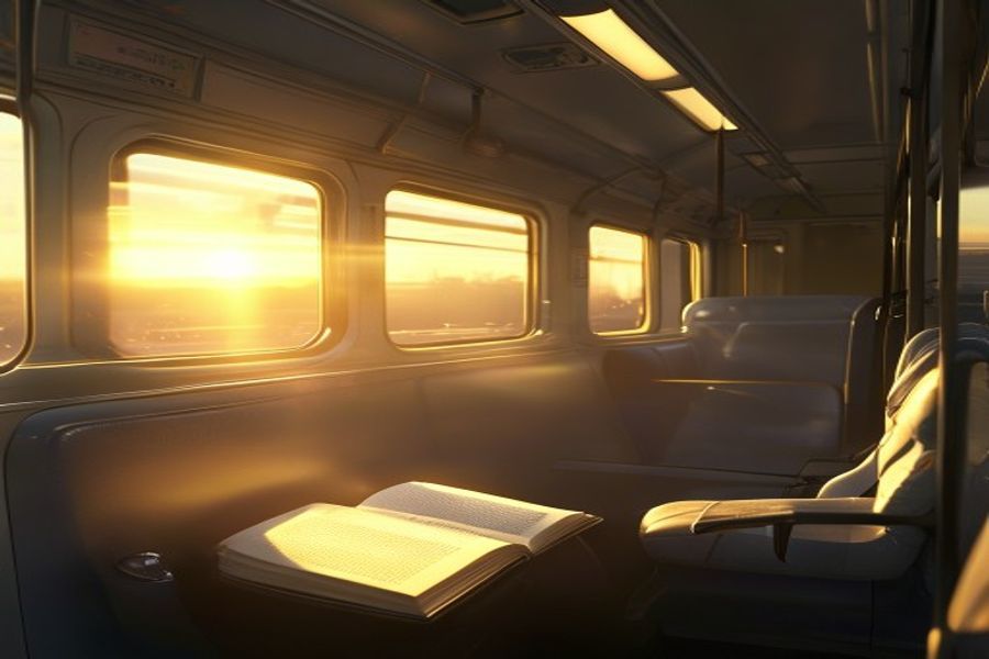 Quiet train carriage at sunrise for an audiobook narration example