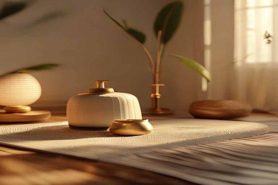 Minimal wellness room with a meditation bell for a calming app audio example