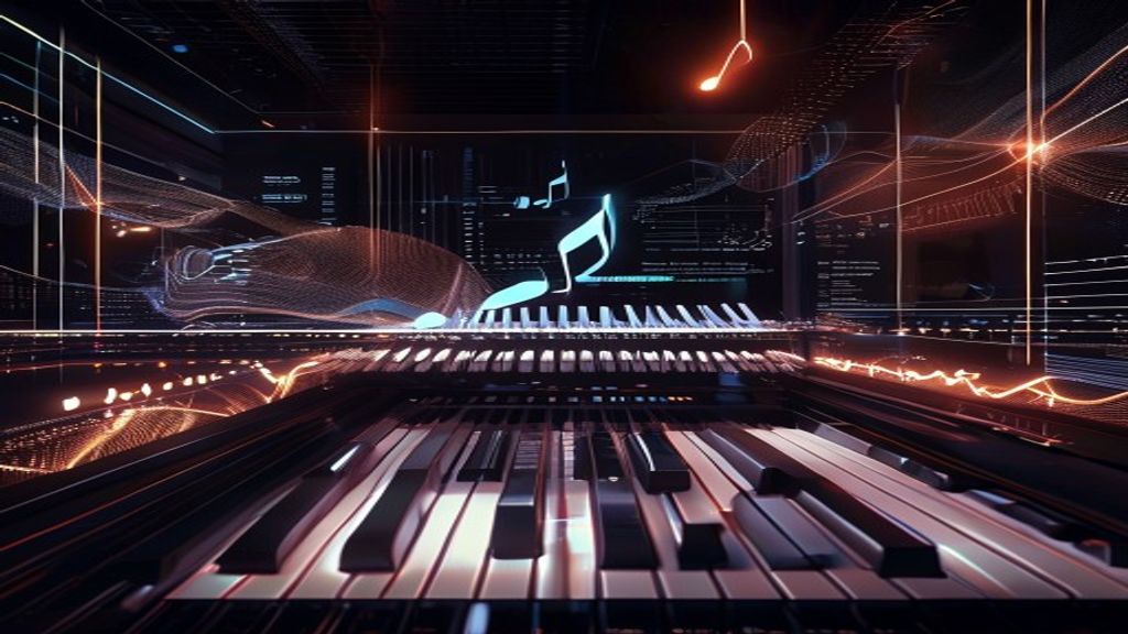 Futuristic AI music studio with piano keys and luminous waveform layers